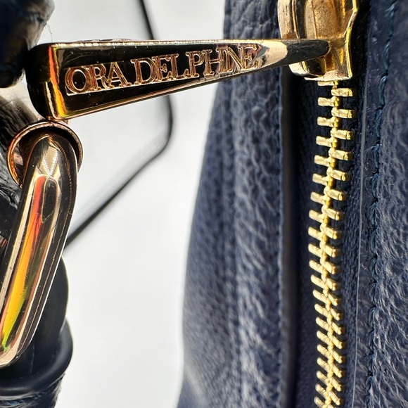 Ora Delphine Blue Leather Bucket Bag with gold trim. - Picture 5 of 10